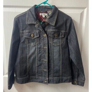 Coldwater Creek Denim Jean Jacket Petite Medium PM  Black Wool Accents Pockets